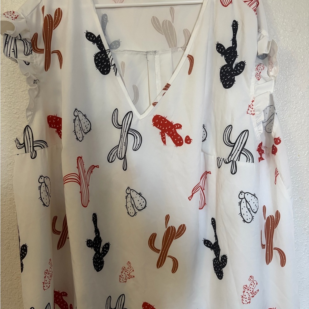 SHEIN Cactus Print V-Neck Blouse - Red, Black, White